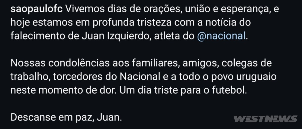 Morre Juan Izquierdo, jogador do Nacional-URU, que estava na UTI após sofrer arritmia cardíaca em jogo contra o São Paulo