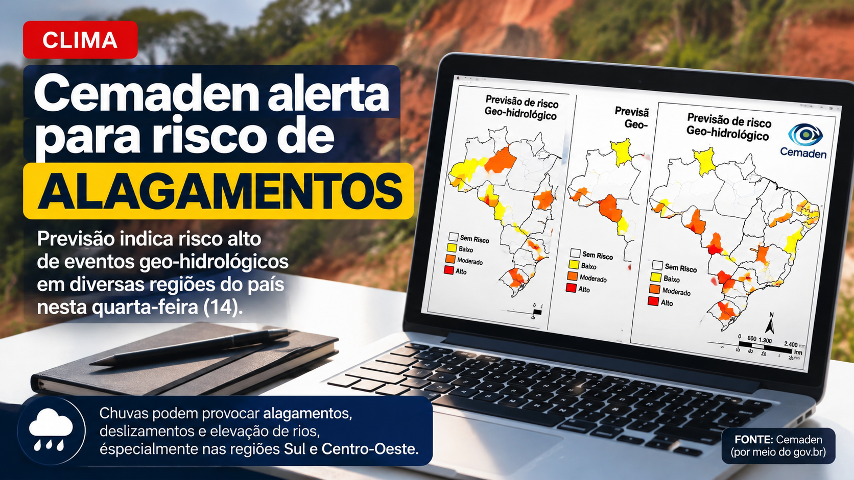 Cemaden alerta para risco moderado de alagamentos na região de Dourados nesta quarta-feira