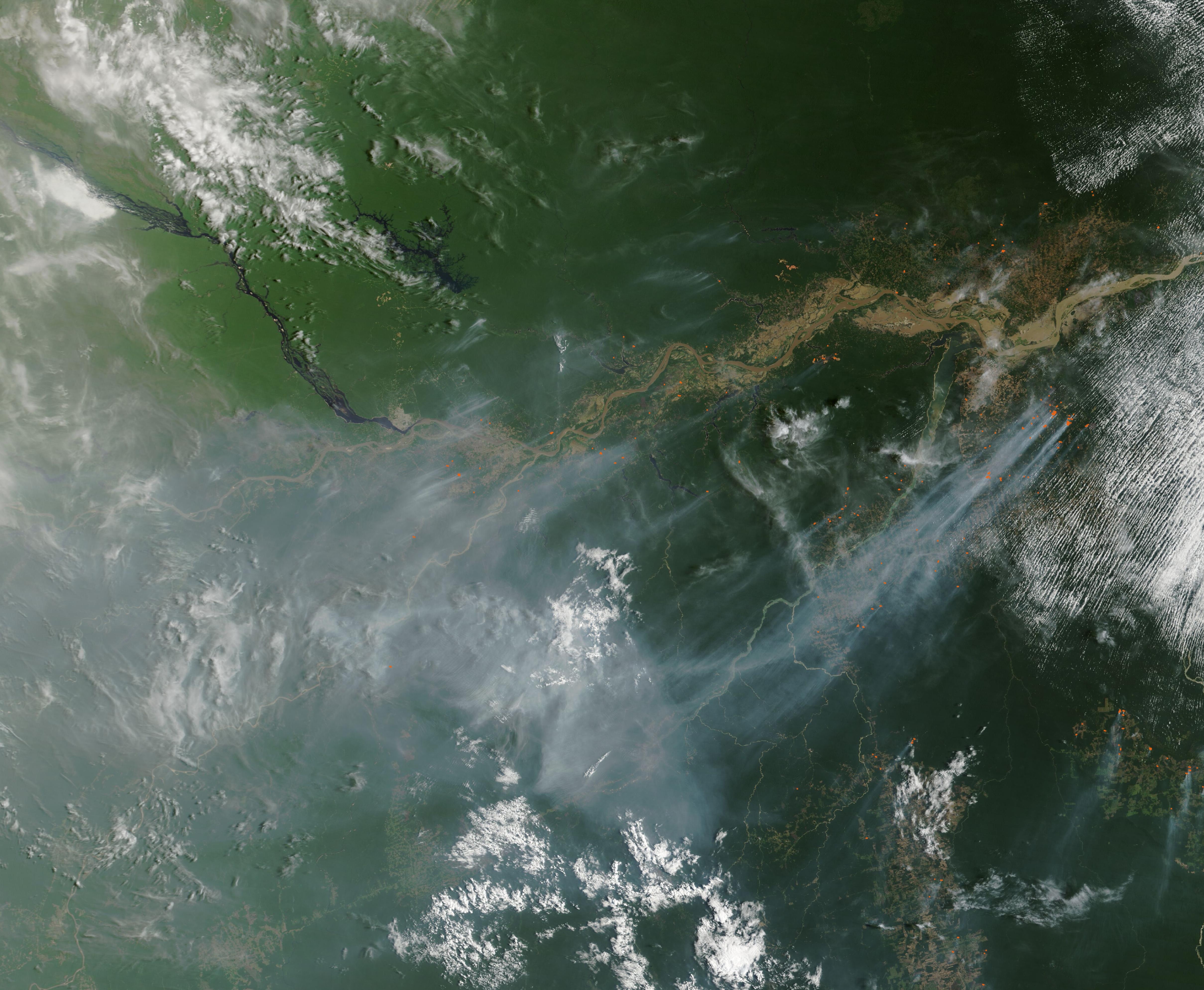 Satélite da NASA registra focos de incêndio e fumaça na região de Manaus