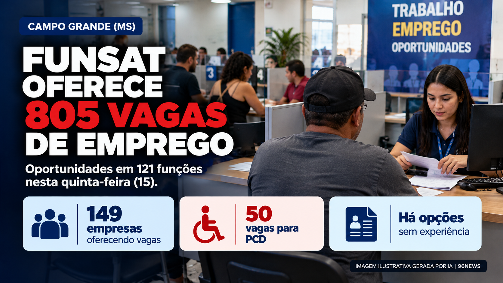 Funsat oferece 805 vagas de emprego em Campo Grande nesta quinta-feira; oportunidades incluem candidatos sem experiência